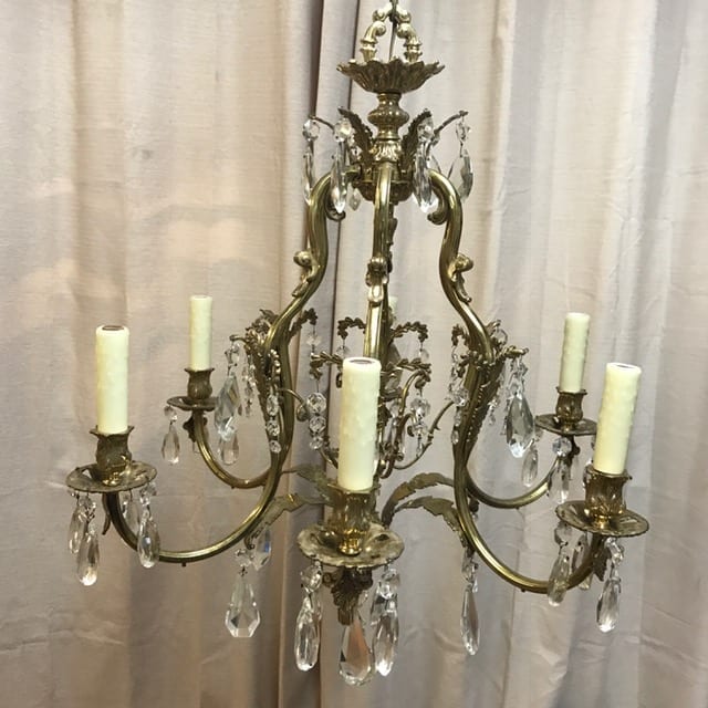 6 Arm Italian Brass And Crystal, Antique Brass And Crystal Chandeliers