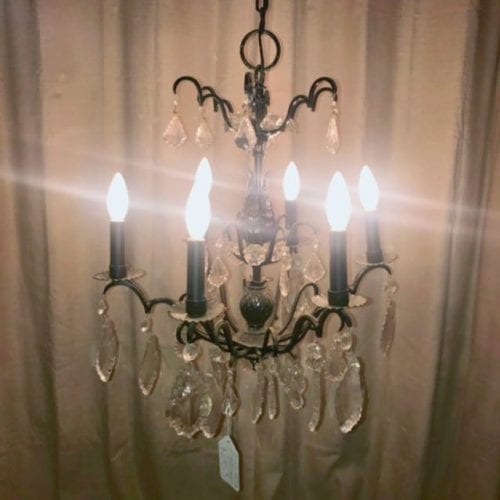 Spanish Vintage 6 Candle Brass Chandelier, Crystal Prisms #48563